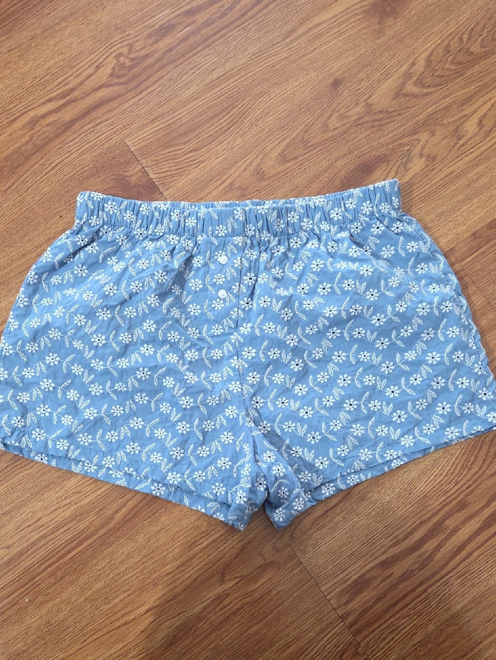 Women's Originality Light Blue Floral Print Elastic Waist Shorts, Size S